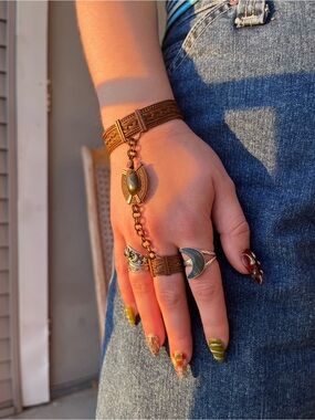 Feature! Artisan Braided Hand Chain Cuff, Copper & Labradorite